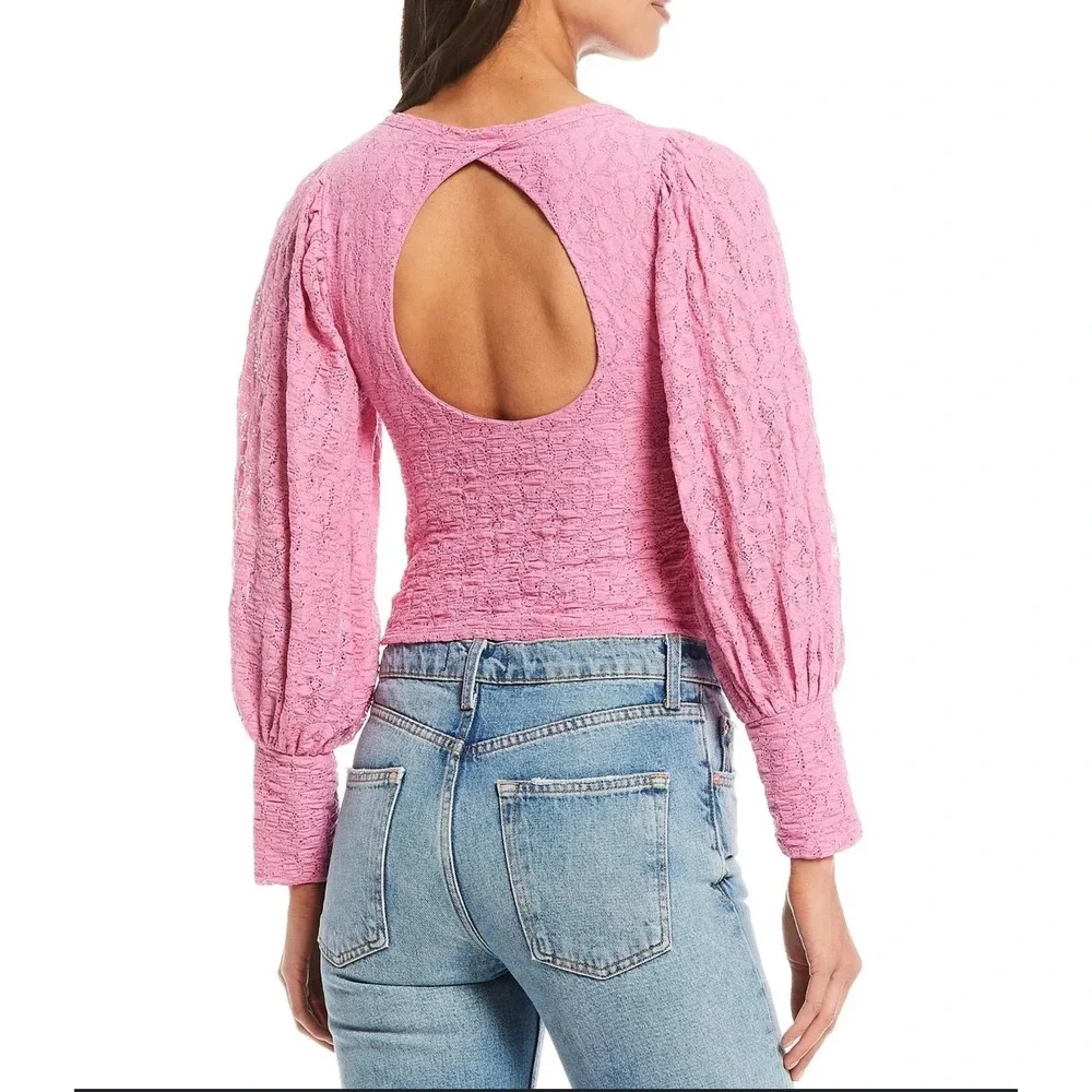 Free People Tea Time Floral Lace Plumeria Pink Cutout Back Top‎ Large OB1251902
